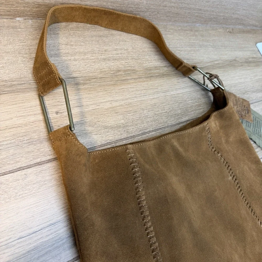 Vilenca Holland Suede Slouchy Hobo Shoulder Bag Earthy Brown Whipstitch Boho